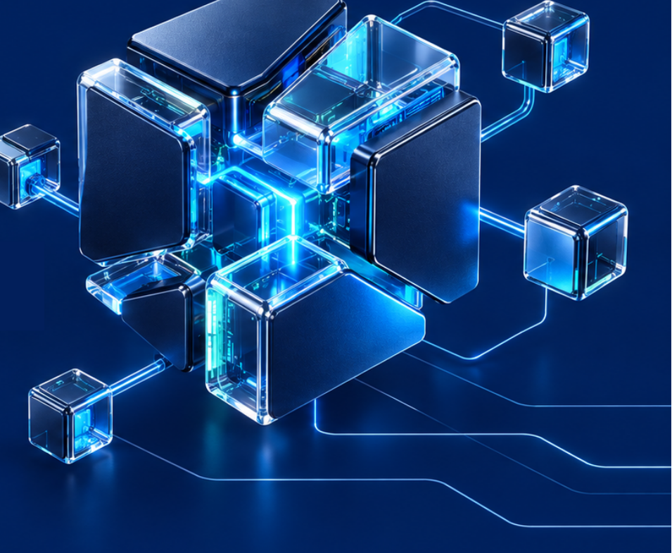 Connected blue glass modules from the Innovise brand identity